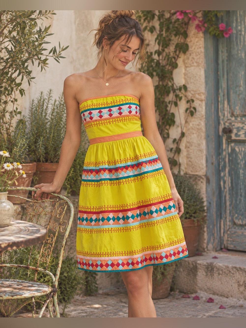 Leifsdottir Quilotoa Chartreuse Patchwork Strapless Dress GUC 0 #2770